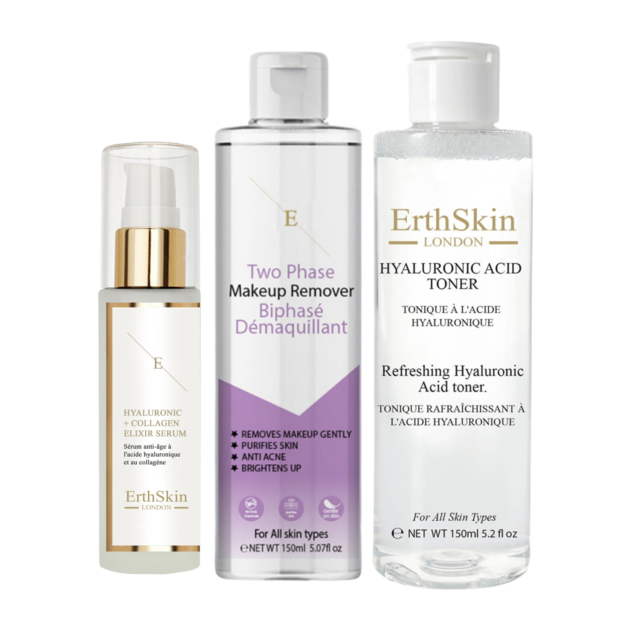 Desmaquillante bifásico + Tónico de Ácido Hialurónico + Sérum de Colágeno