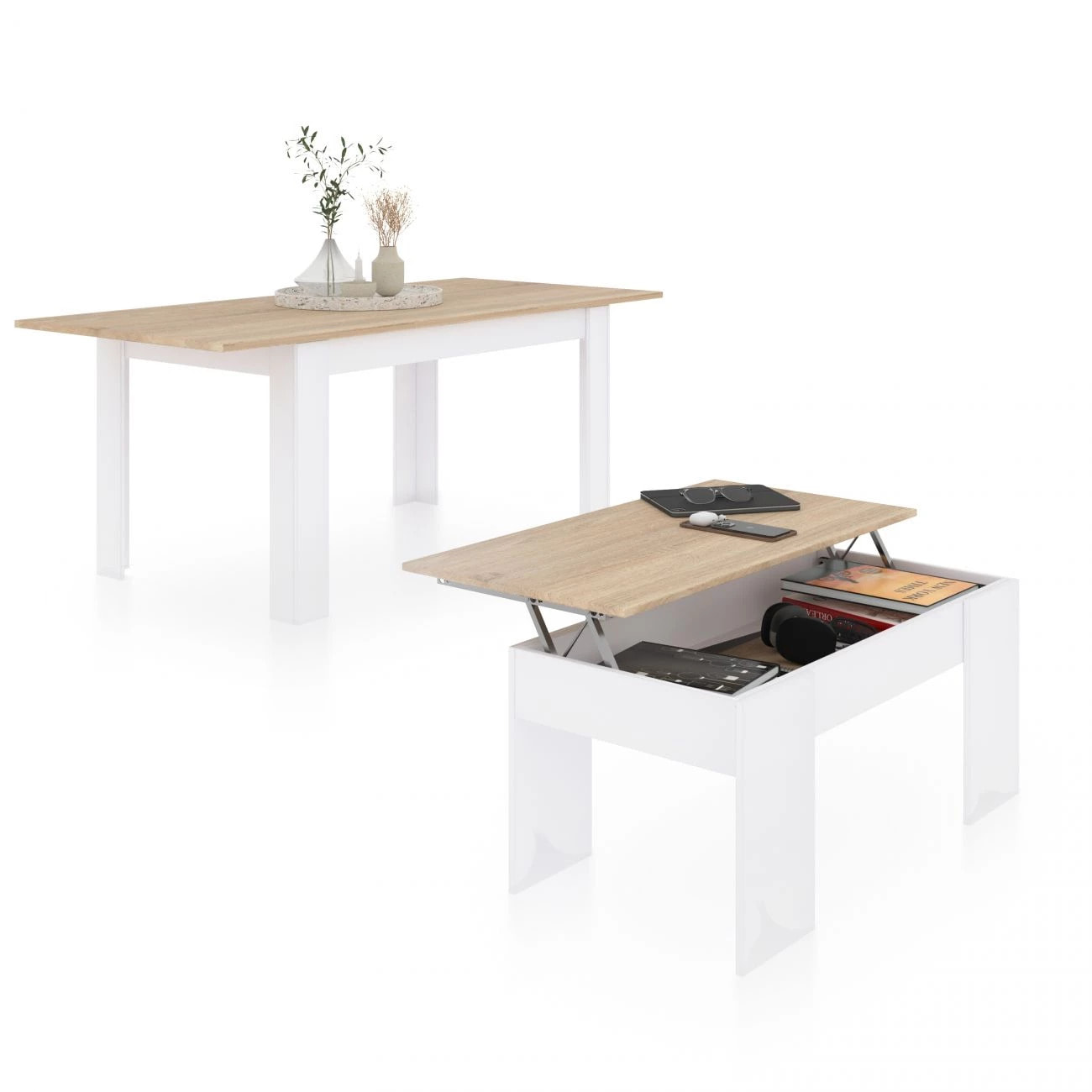 Pack mesa de comedor 123 y mesa de centro Vita Blanco Artik (Blanco Mate) - Roble Canadian