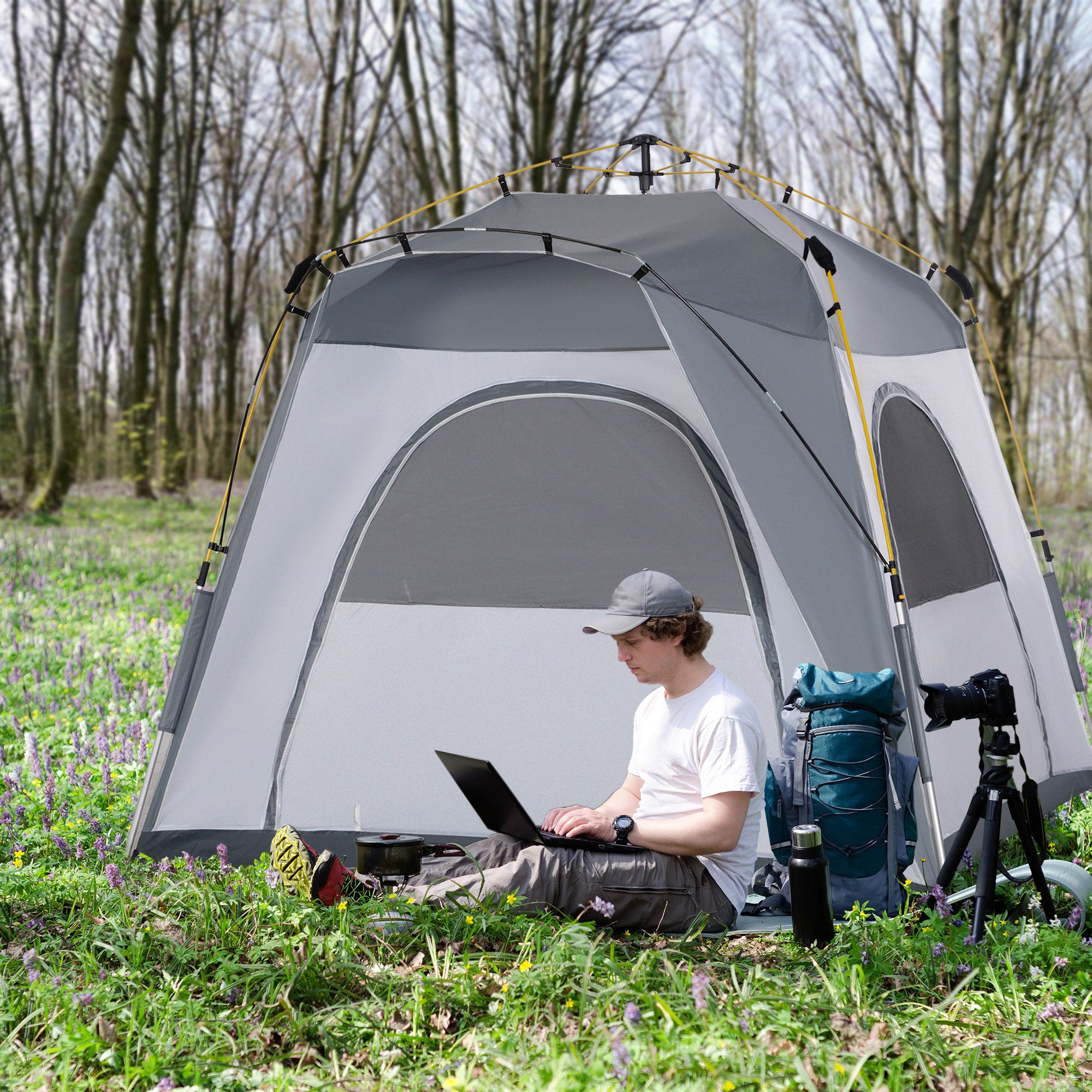 Tienda de Campaña Instantánea para 4 Personas Tienda de Camping con 4 Ventanas 2 Bolsillos y Bolsa de Transporte 240x240x199 cm Gris y Blanco