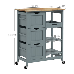 Carro de Cocina Carrito Auxiliar con Ruedas Tablero de Madera 3 Cajones 2 Estantes Abiertos y Bandeja Extraíble para Comedor Salón 67x37x85,5 cm Gris