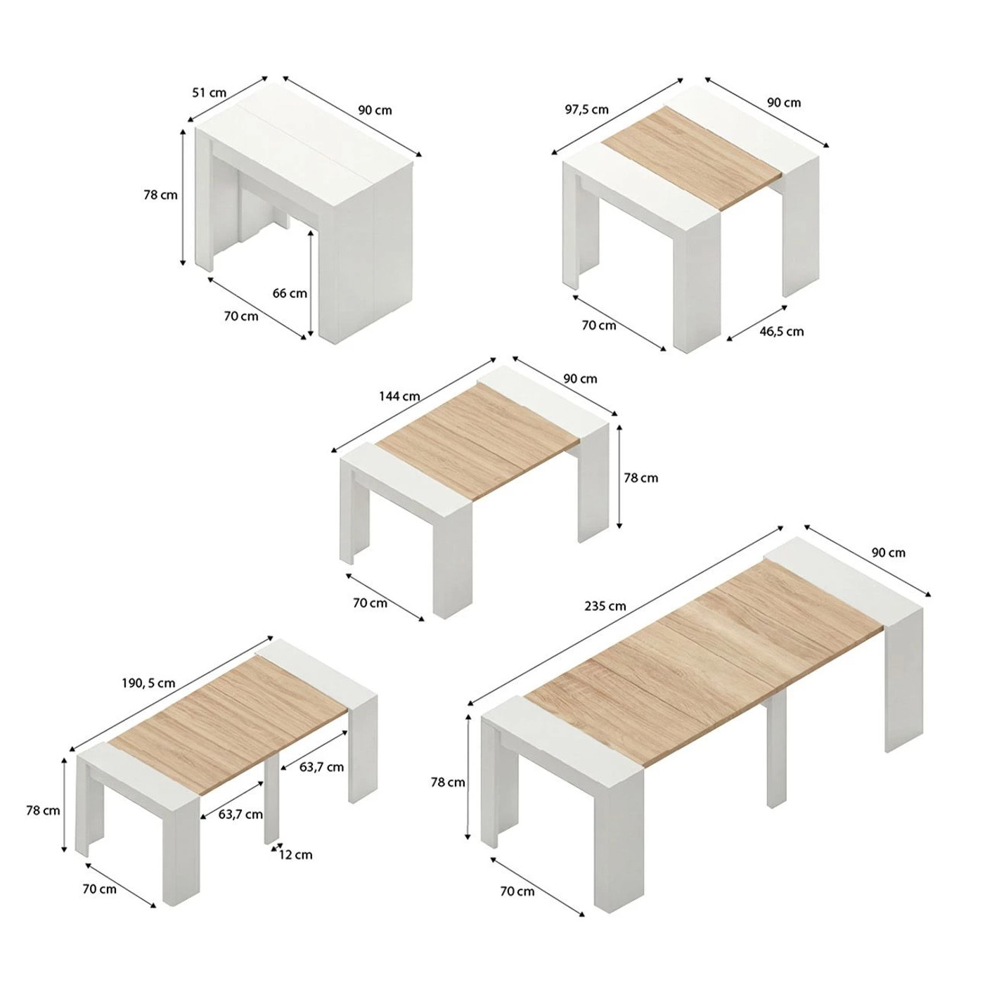Mesa consola extensible en blanco artik y roble canadian 50-235x90 cm Denis Blanco Artik (Blanco Mate) - Roble Canadian
