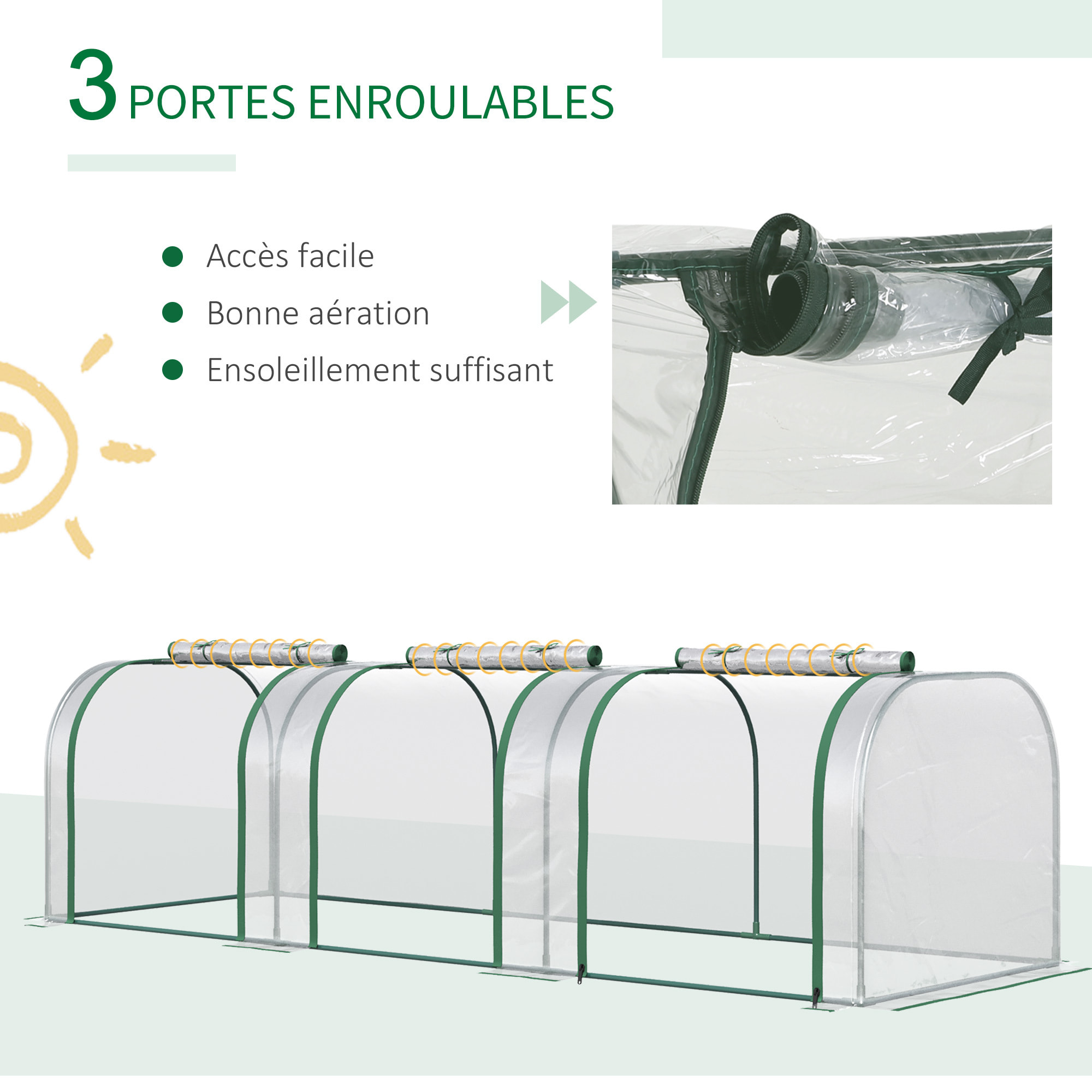 Serre de jardin tunnel 2,95L x 1l x 0,8H m 3 portes zippées bâche PVC transparent métal époxy vert