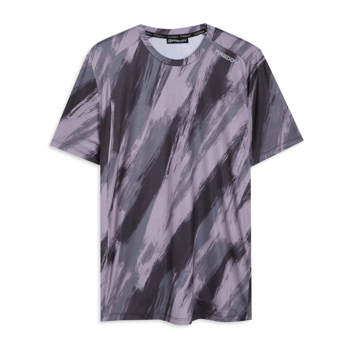 T-shirt stampata effetto pennellata in tessuto tech