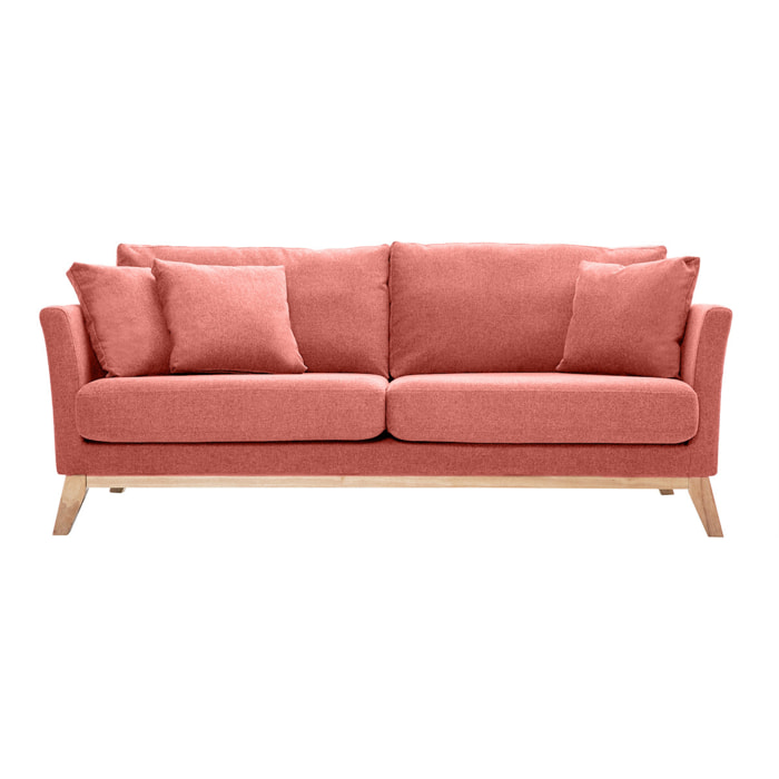 Canapé scandinave déhoussable 3 places en tissu effet velours texturé terracotta et bois clair OSLO