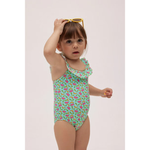 Costume da bagno per bambina con volant e stampa di frutta