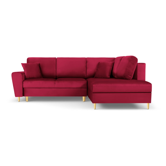 Canapé d'angle droit convertible avec coffre de rangement "Kyoto" 5 places en velours rouge