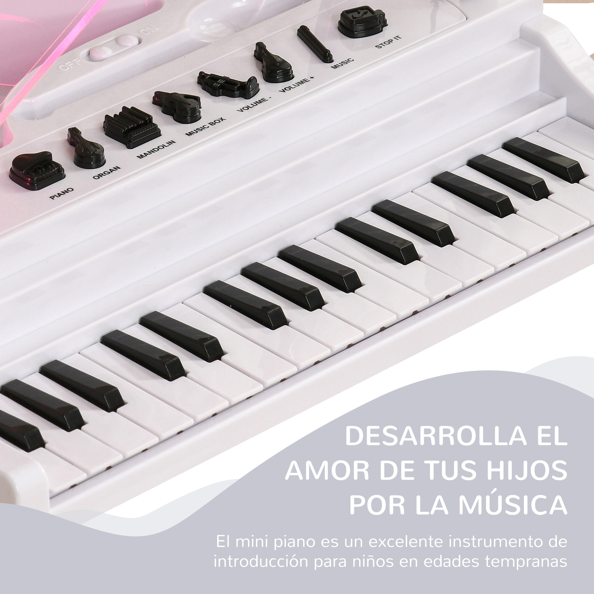 Piano Electrónico Infantil de 32 Teclas Juego de Piano con Micrófono Taburete Luces 22 Canciones 4 Sonidos Patas Desmontables y Volumen Ajustable 37x30,5x60,4 cm Blanco