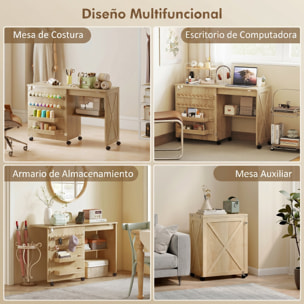 Mesa de Costura Plegable, Mesa Máquina de Coser con Puerta Magnética, 2 Compartimentos, Estante, 18 Soportes para Hilos, 5 Ruedas, Ahorro de Espacio, Natural