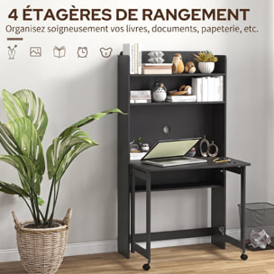 Bureau mural pliable table murale rabattable suspendue sur pied avec bibliothèque 3 étagères MDF noir