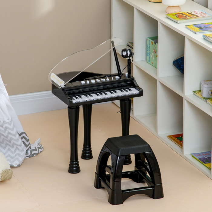 Jouet musical piano électronique - tabouret, micro et support - clavier 37 touches, effet lumineux, nombreux modes - PP noir