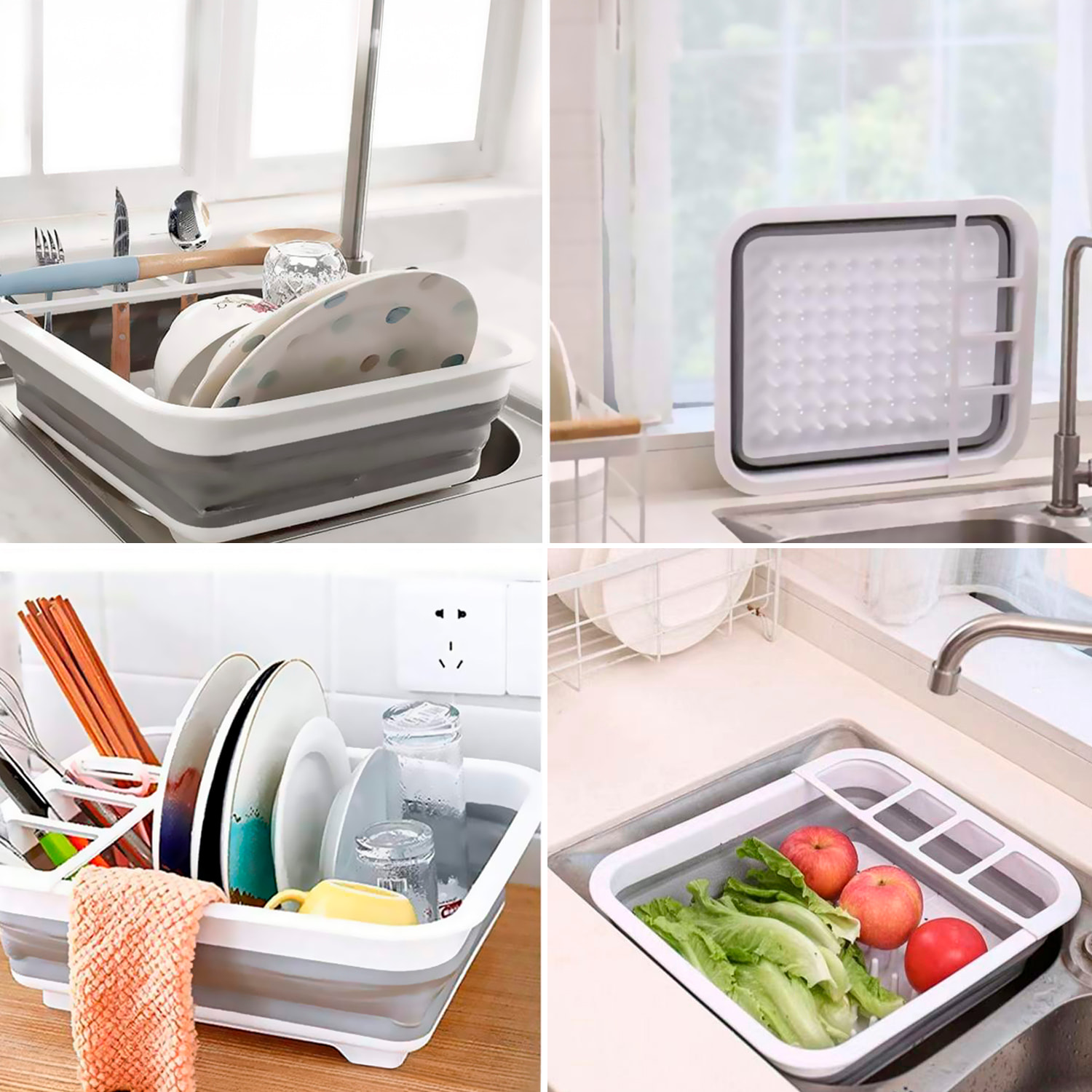 Escurridor de platos plegable con orificios en la base, diseñado para secar y organizar utensilios de cocina de forma práctica.