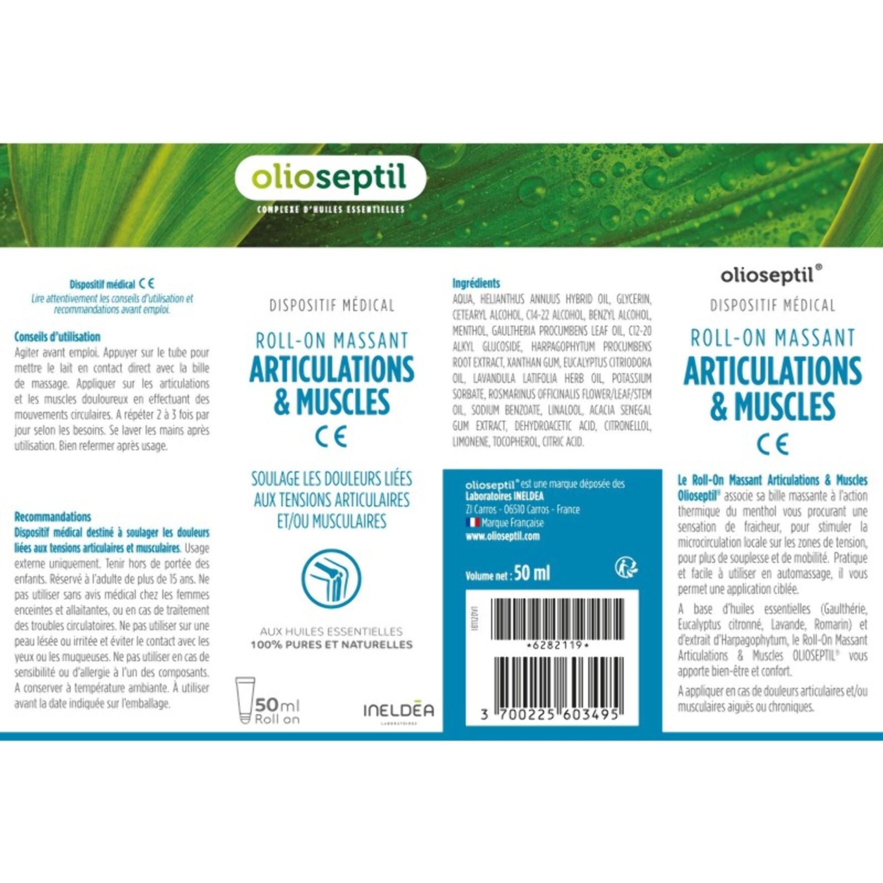 OLIOSEPTIL - Roll-on Articulations & Muscles - Aux huiles essentielles & extrait d'harpagophytum - Aide à soulager rapidement les douleurs articulaires et musculaires - Dispositif Médical - 50ml