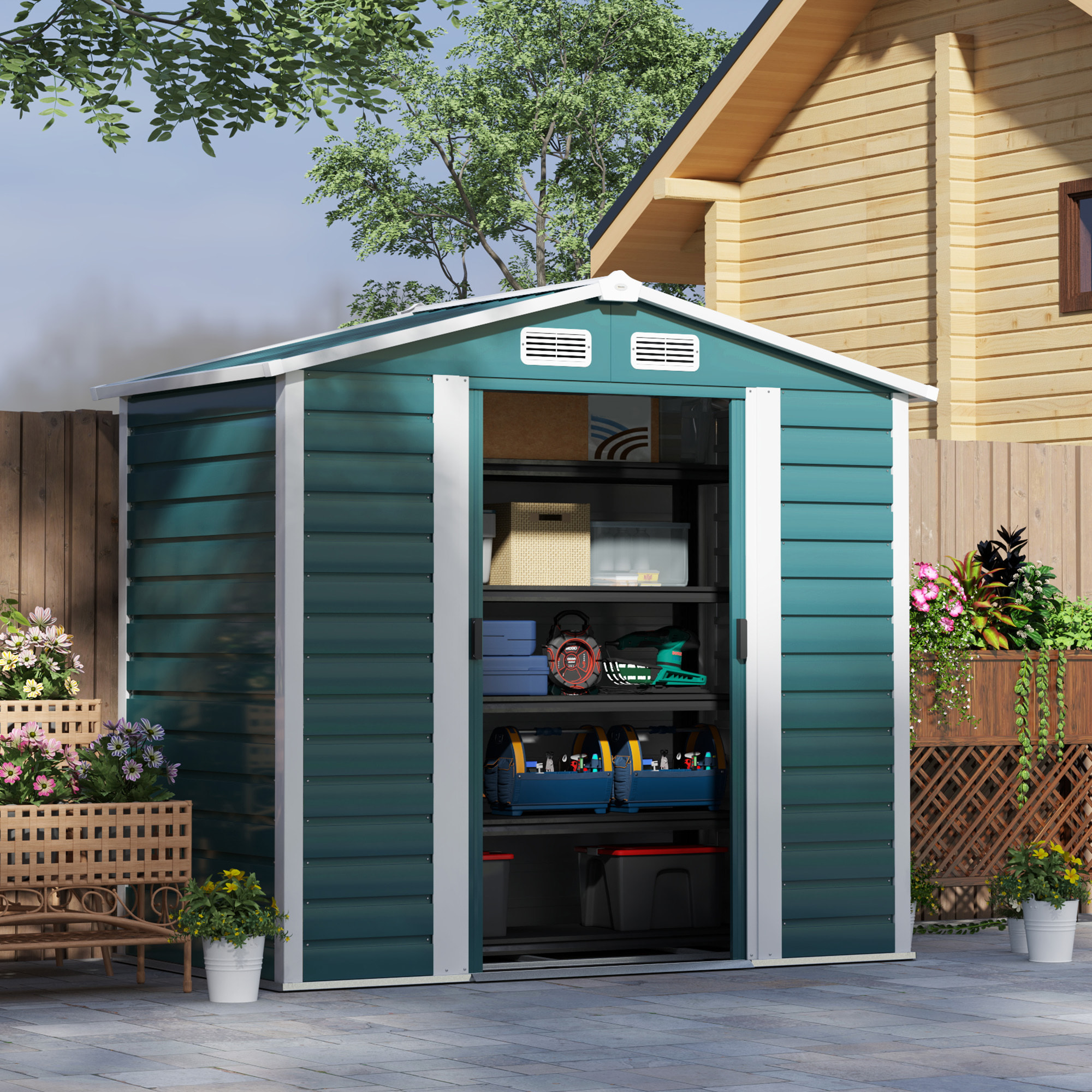 Caseta de Jardín Exterior 2,36m² 213x120x194 cm Cobertizo de Jardín Exterior con Base Refuerzo (Suelo NO Incluido) Puertas Correderas Dobles Candado Ventanas Verde Oscuro