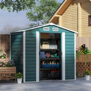 Caseta de Jardín Exterior 2,36m² 213x120x194 cm Cobertizo de Jardín Exterior con Base Refuerzo (Suelo NO Incluido) Puertas Correderas Dobles Candado Ventanas Verde Oscuro