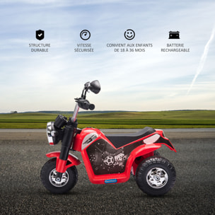 Moto électrique enfant chopper tout-terrain  6 V 20 W marche AV AR 3 roues effets lumineux et sonores rouge noir