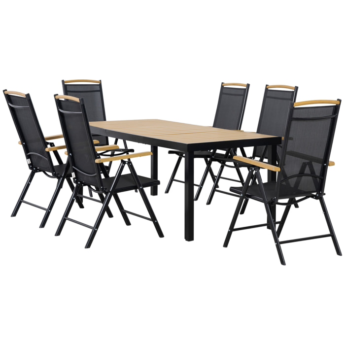 Ensemble table de jardin 6 personnes - chaises pliables inclinables accoudoirs - alu textilène noir plastique effet bois