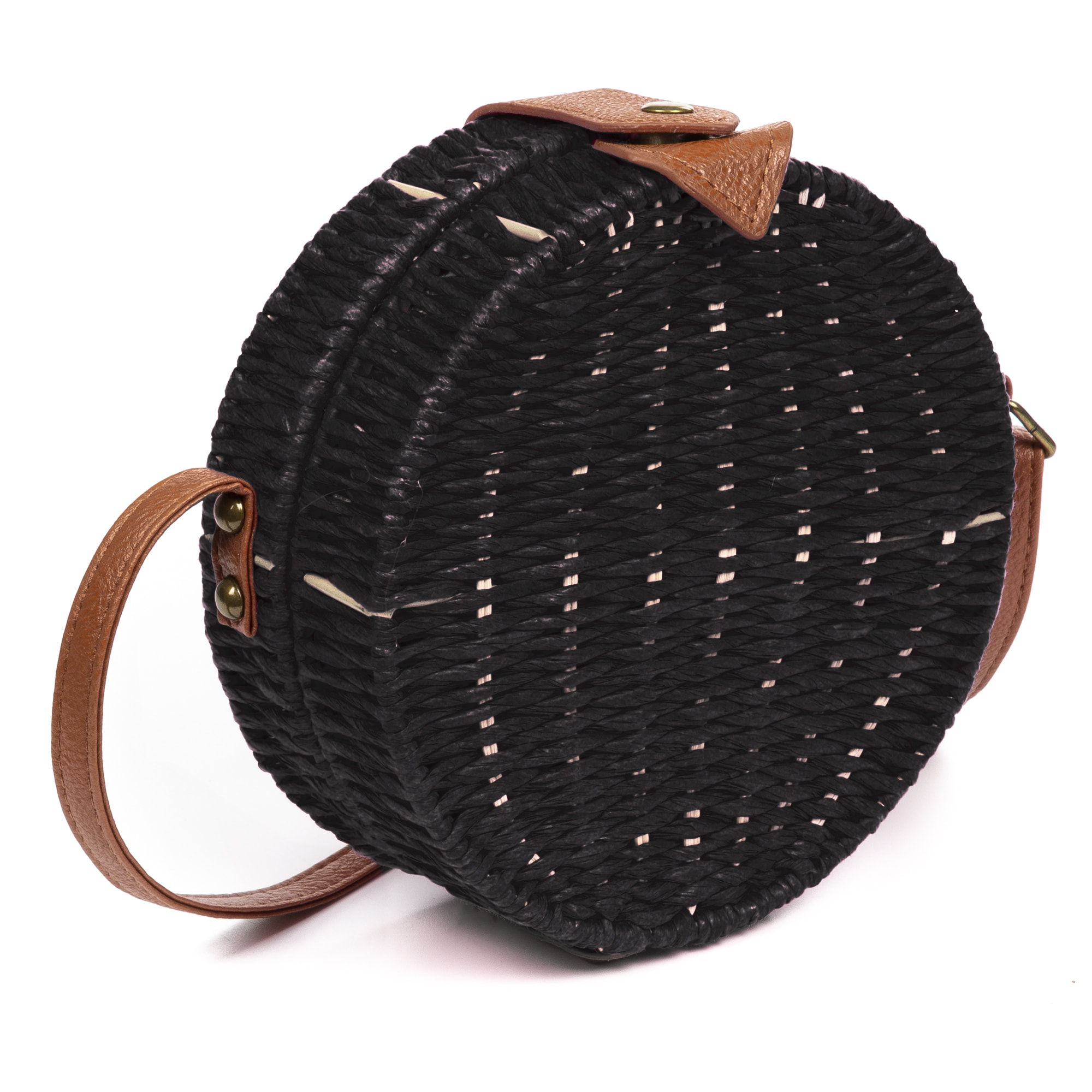 IRIA QUINTANA Borsa a tracolla da donna Cuneo. Tessuto Paglia Pelle Sintetica PU 18x4x18 Cm. Colore nero