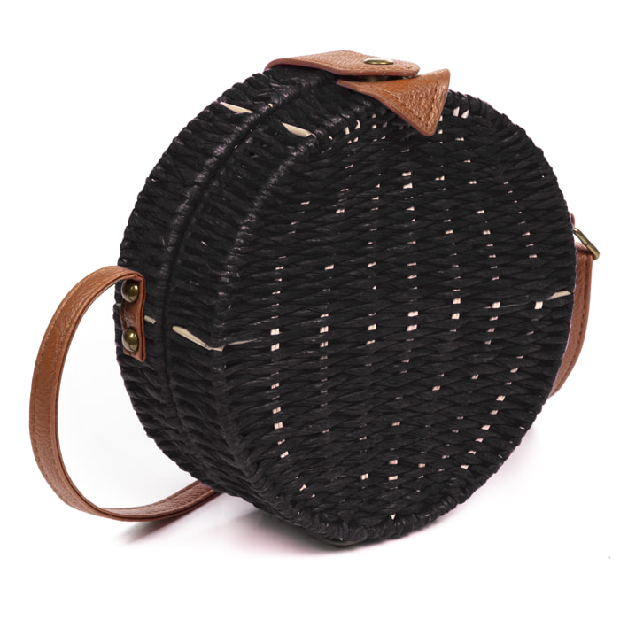 IRIA QUINTANA Borsa a tracolla da donna Cuneo. Tessuto Paglia Pelle Sintetica PU 18x4x18 Cm. Colore nero