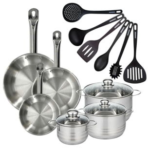 Batterie de cuisine avec 3 poêles 20/24/28 cm et 3 faitouts 16/20/24 cm avec 6 ustensiles de cuisine Fackelmann Etherna Brillant Fenix