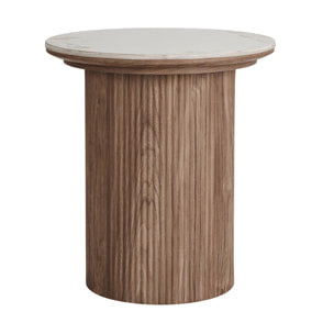 Lysa - bout de canapé plateau effet marbre et pieds effets bois - 50 cm - Bois / Blanc