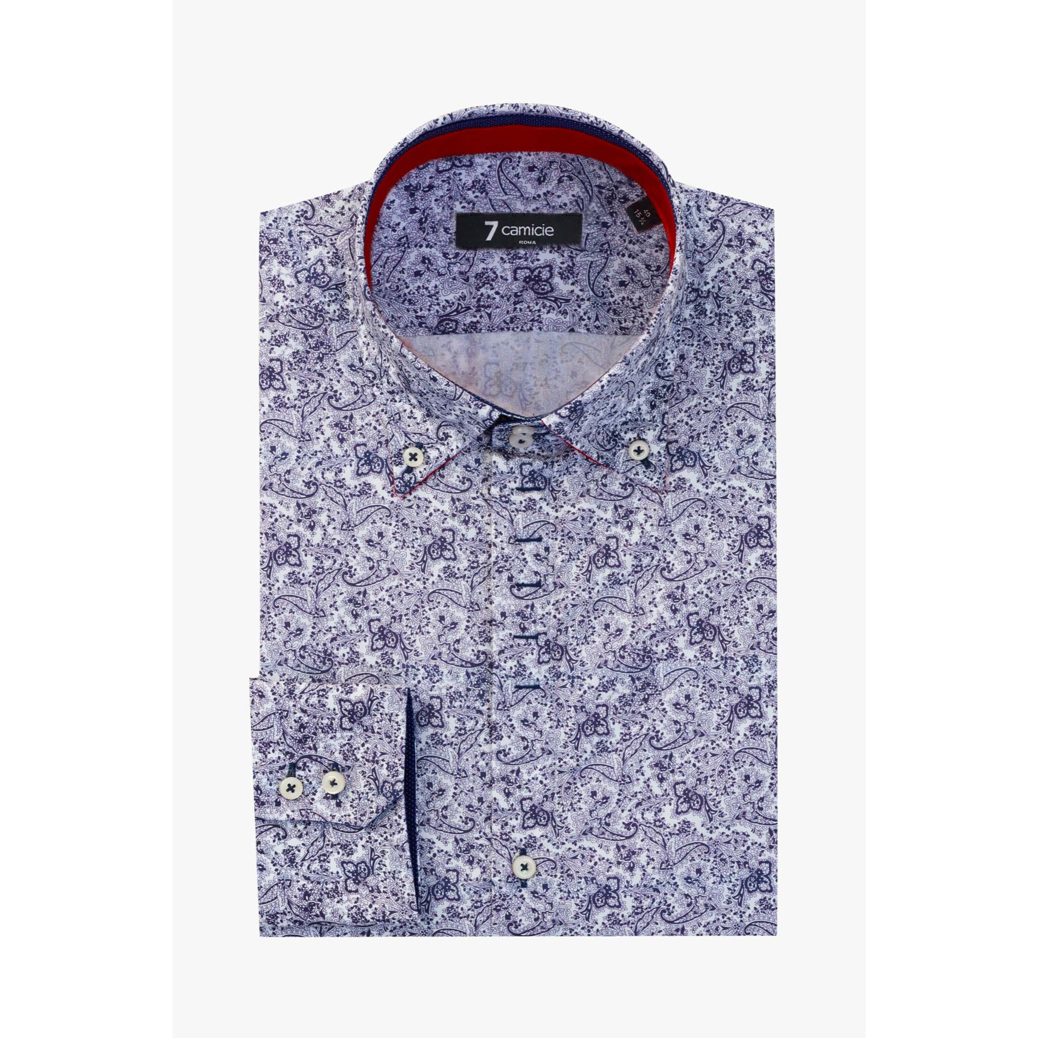Camicia Uomo 2 Bottoni Button Down Slim Popeline Stampato Bianco e Blu