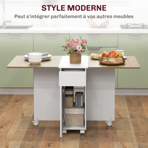 Table de cuisine rabattable - table à manger pliable 4-6 personnes - 2 tiroirs, placard - blanc effet bois