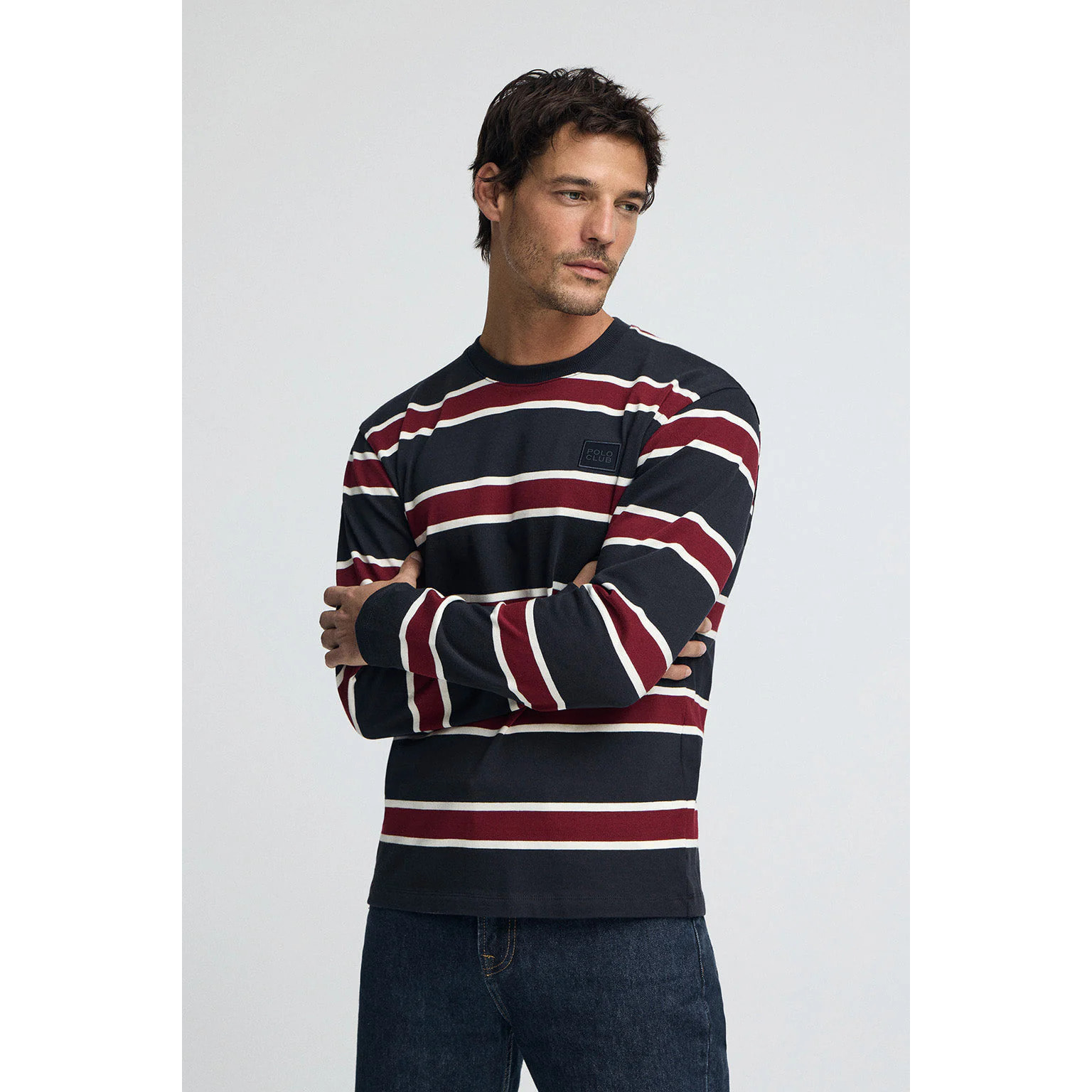 Maglietta Carter a righe blu marino e granata con toppa personalizzata Polo Club