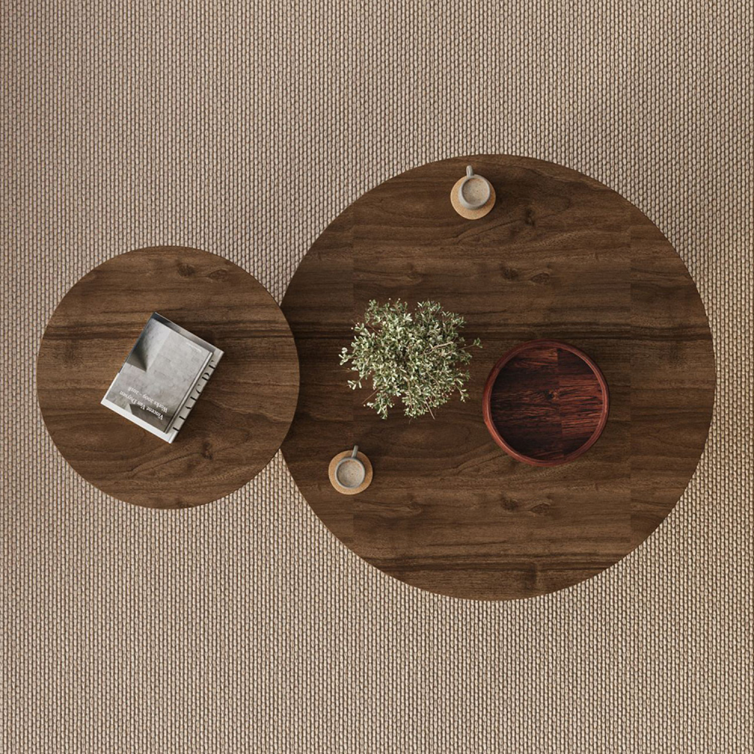 Ensemble de 2 tables basses rondes effet noyer et travertin BLISS