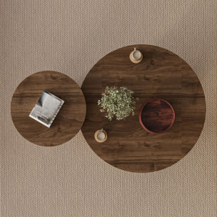 Ensemble de 2 tables basses rondes effet noyer et travertin BLISS