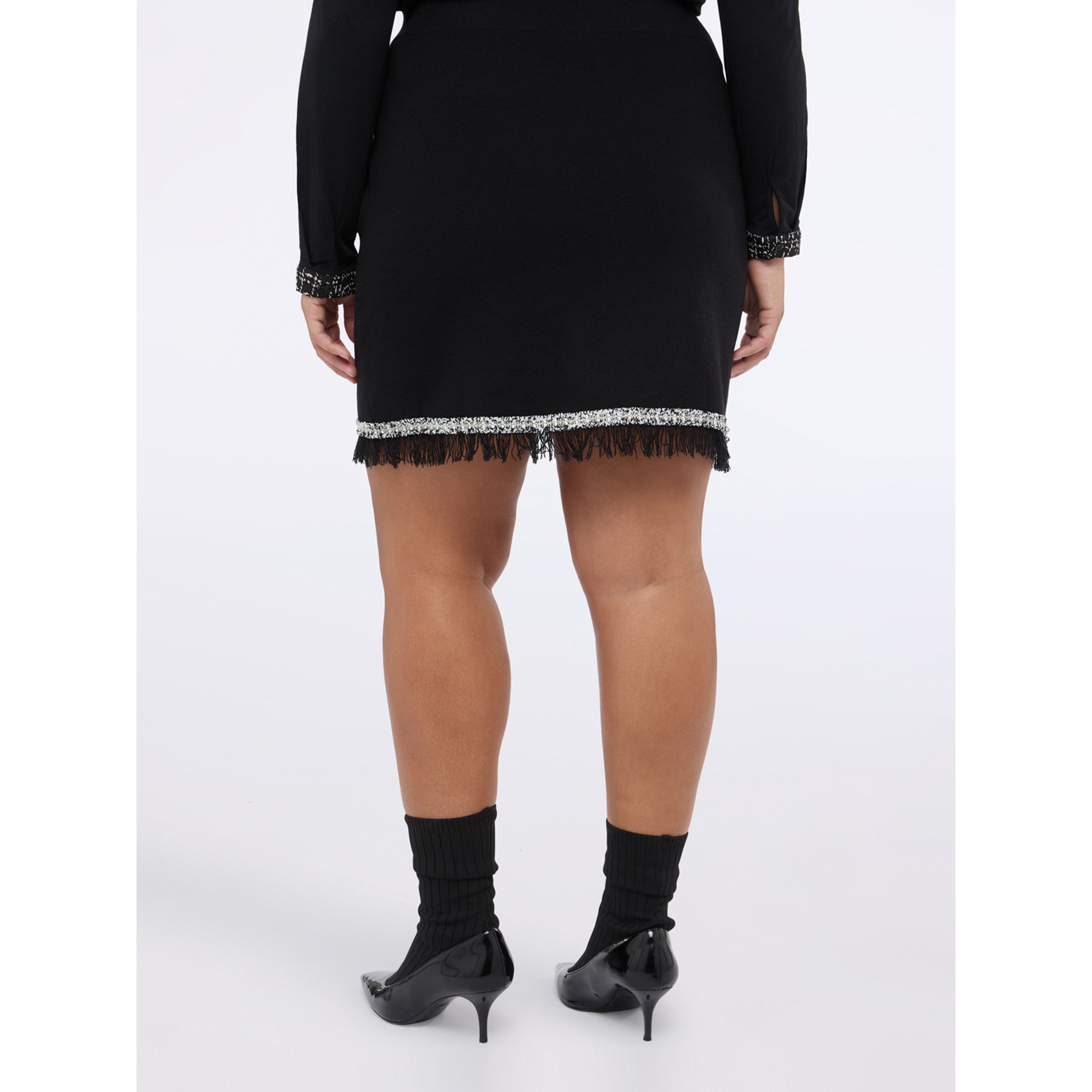 Fiorella Rubino - Gonna tubino corta in maglia con frange - Nero