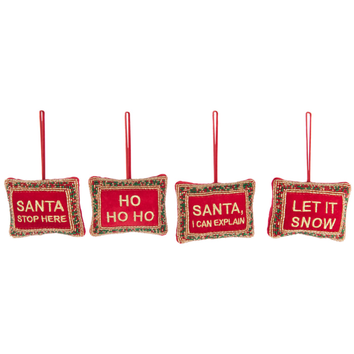J-Line suspension Citations de Noël Perles - velours - rouge/or - lot de 4