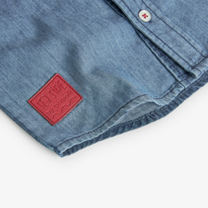 Camisa denim para niÃ±o con cuello camisero y mangas cortas