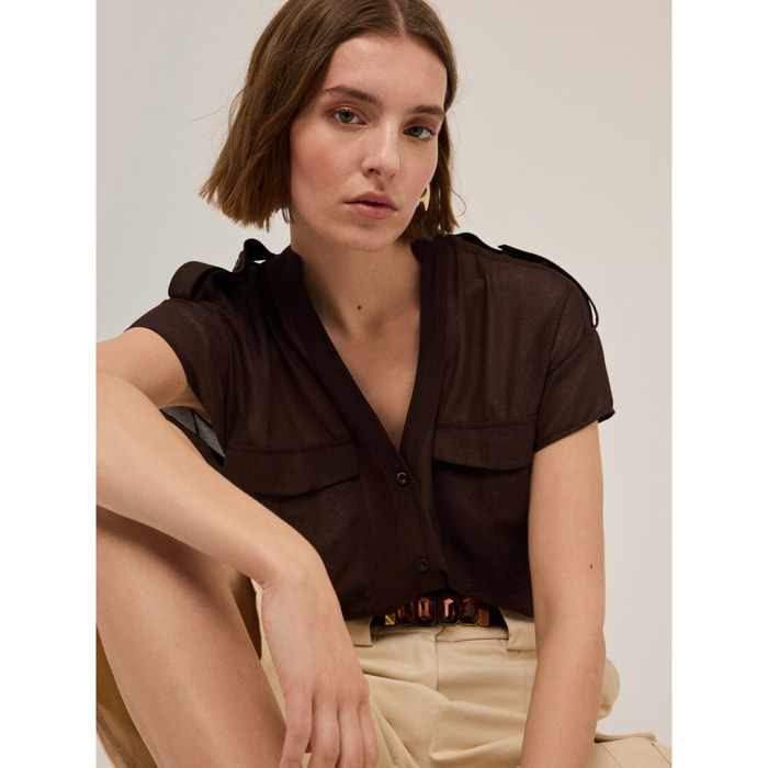 Motivi - Camicia sahariana in georgette laminata - Marrone