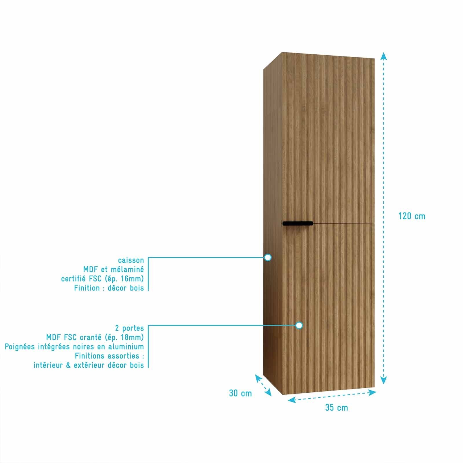Colonne Façade Ondulee 35x30x120 cm - 2 Portes en MDF Decor Bois - MILO