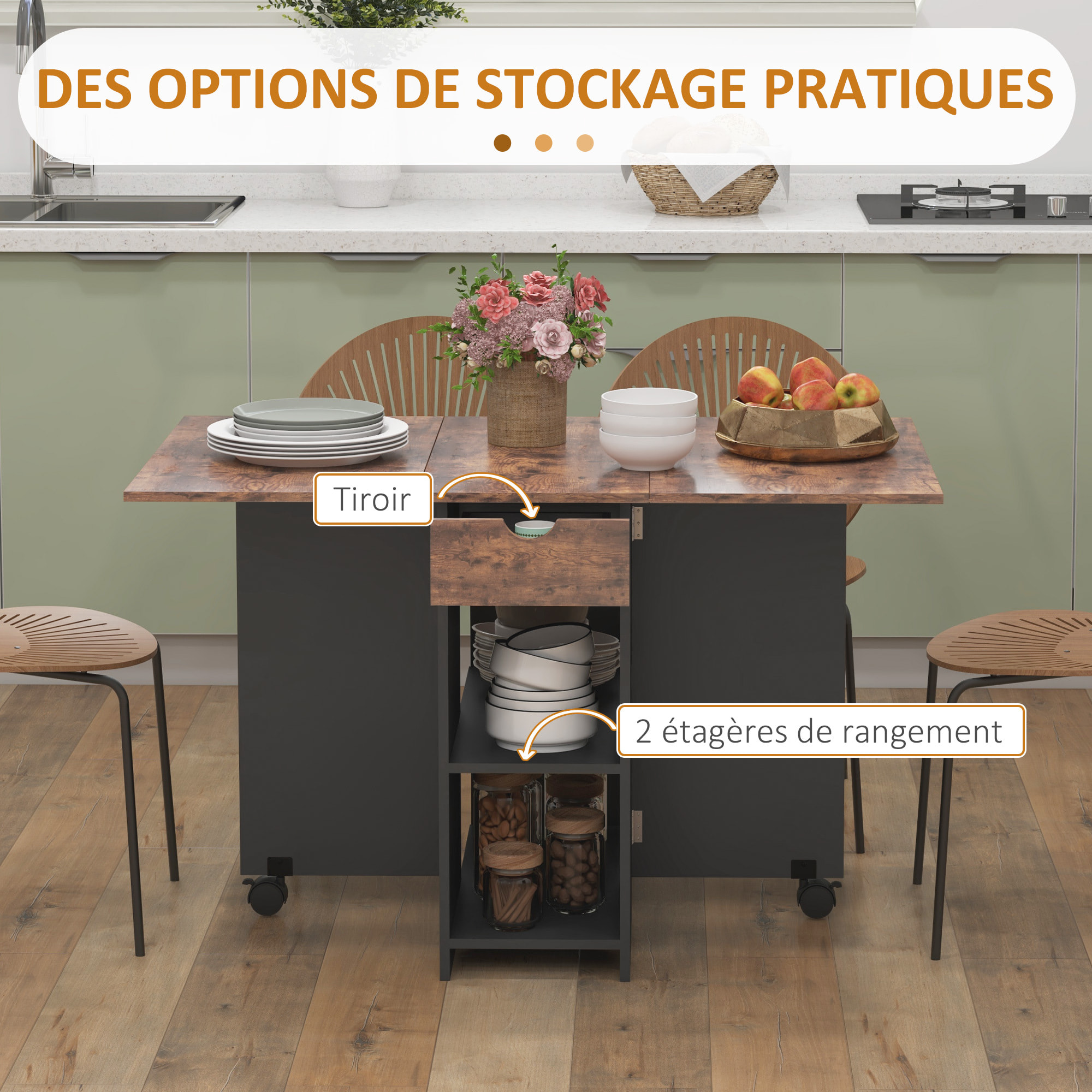 Table de cuisine rabattable - table à manger pliable 2-4 personnes - étagères, tiroir - noir effet bois