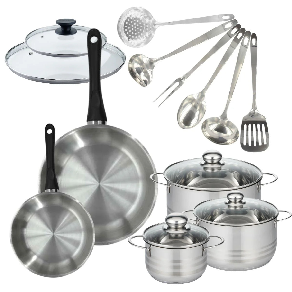 Set de 2 poêles 20, 28 cm inox, couvercles verre, 3 faitouts inox 16, 20 et 24 cm et 6 ustensiles Oxford inox Fackelmann Geneva