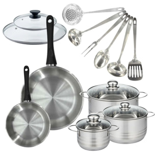Set de 2 poêles 20, 28 cm inox, couvercles verre, 3 faitouts inox 16, 20 et 24 cm et 6 ustensiles Oxford inox Fackelmann Geneva