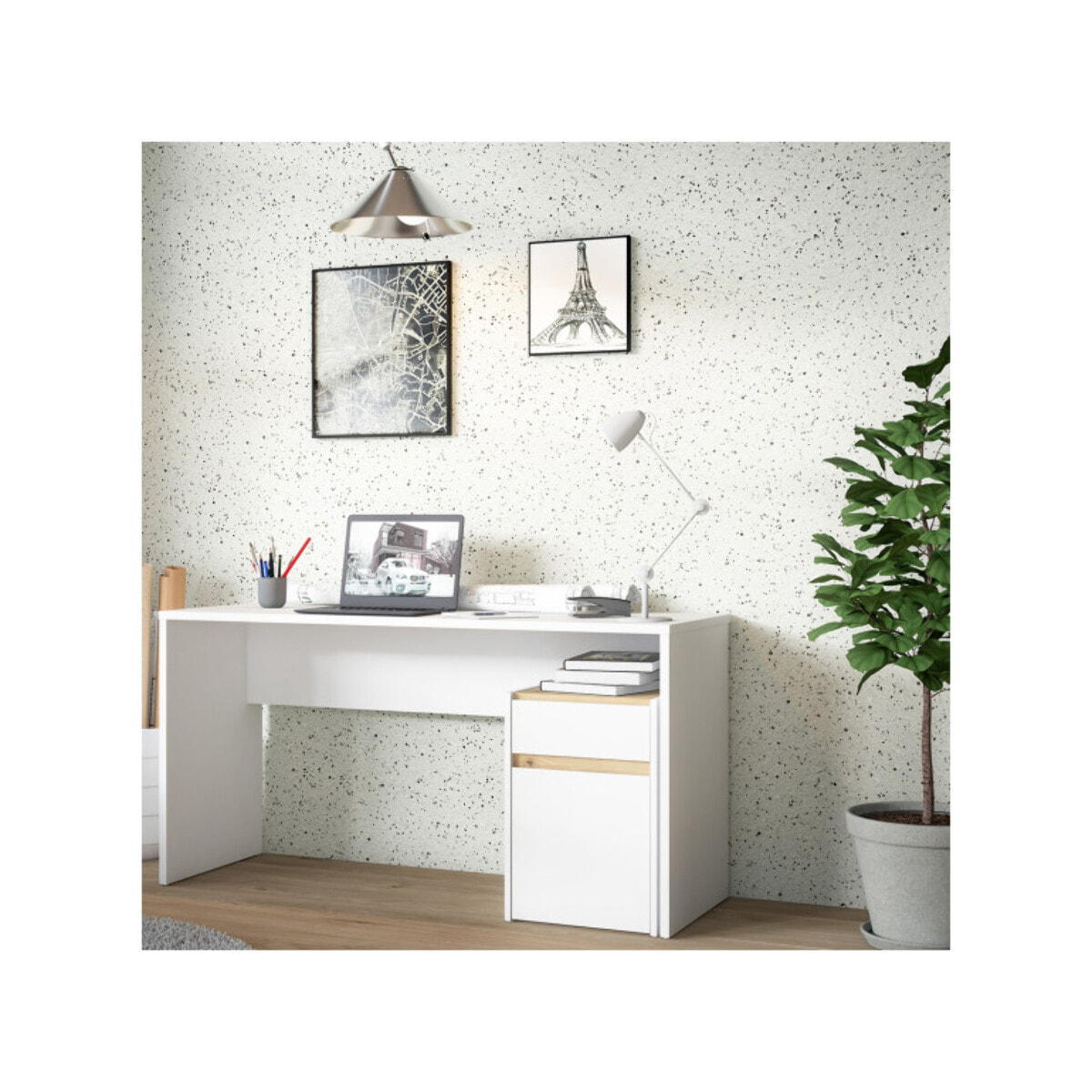 Bureau avec caisson amovible blanc mat et effet chêne - L140 CM - KIARA