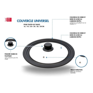 Couvercle de cuisson 16/18/20 cm en verre et acier carbone pour poêles Elo