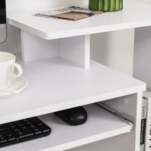 Bureau informatique multimédia étagères tablette clavier panier gris panneaux particules blanc