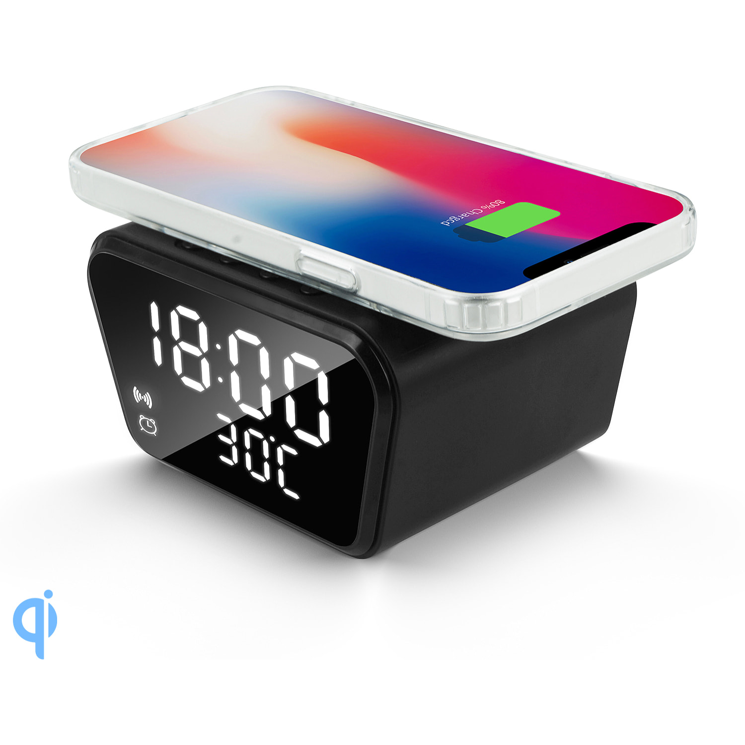 Sveglia digitale con caricabatterie Qi integrato da 15W. Con data, ora, temperatura.