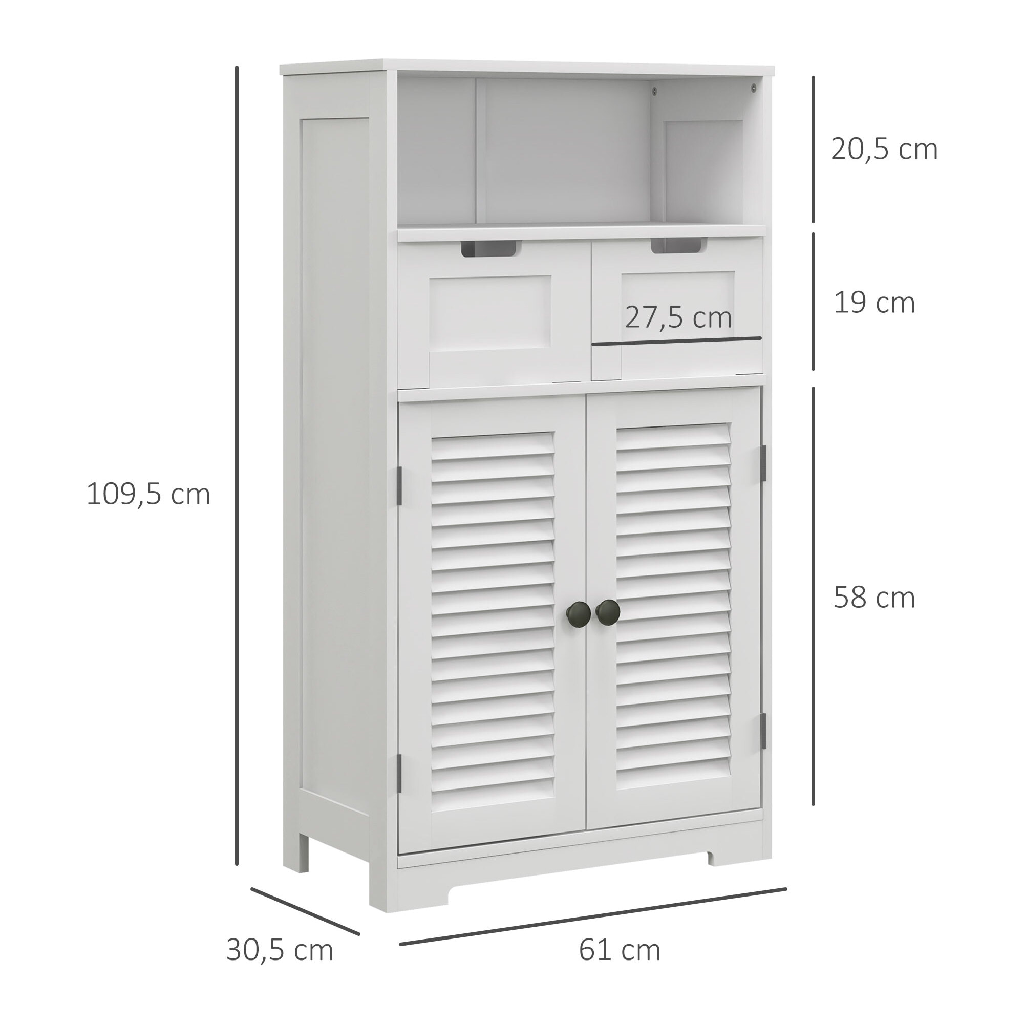 Meuble de salle de bain sur pied 2 portes persiennes 2 tiroirs niche blanc