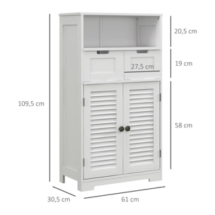 Meuble de salle de bain sur pied 2 portes persiennes 2 tiroirs niche blanc