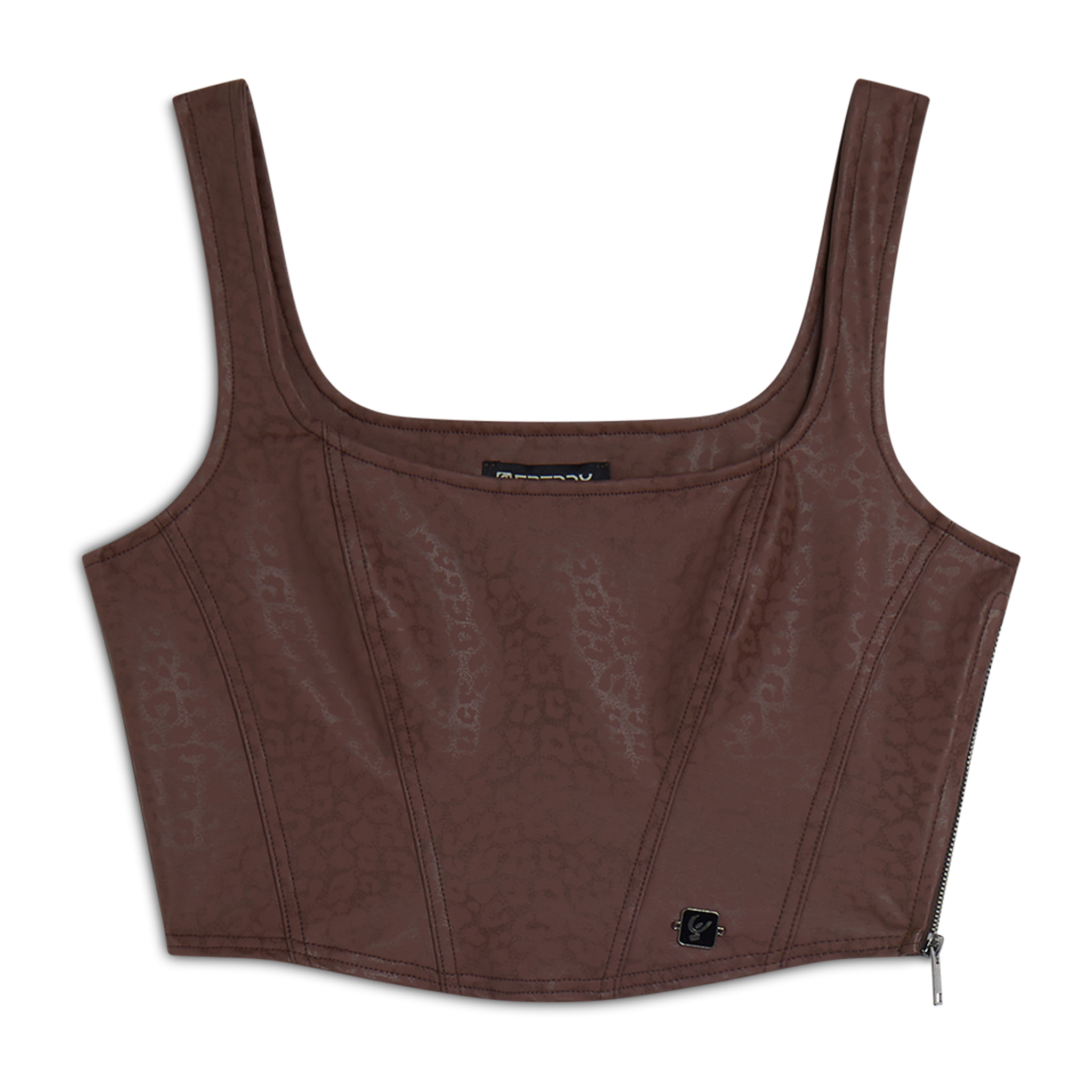 Top corto a bustier in similpelle stampa animalier lucida