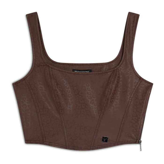 Top corto a bustier in similpelle stampa animalier lucida