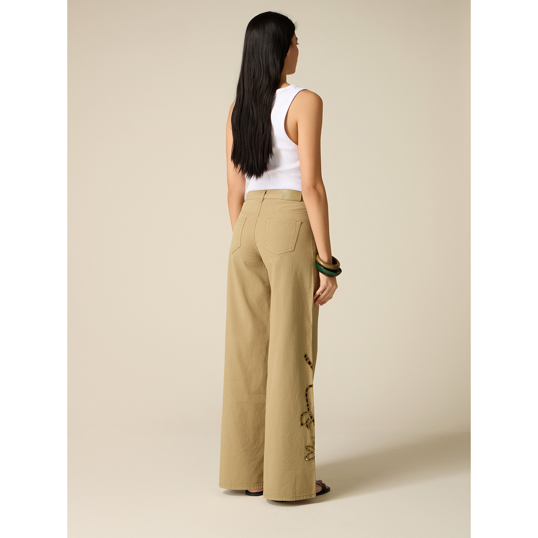 Oltre - Pantaloni palazzo con ricami see-through - Verde militare