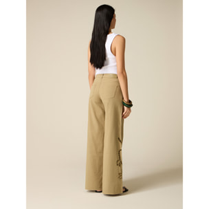 Oltre - Pantaloni palazzo con ricami see-through - Verde militare