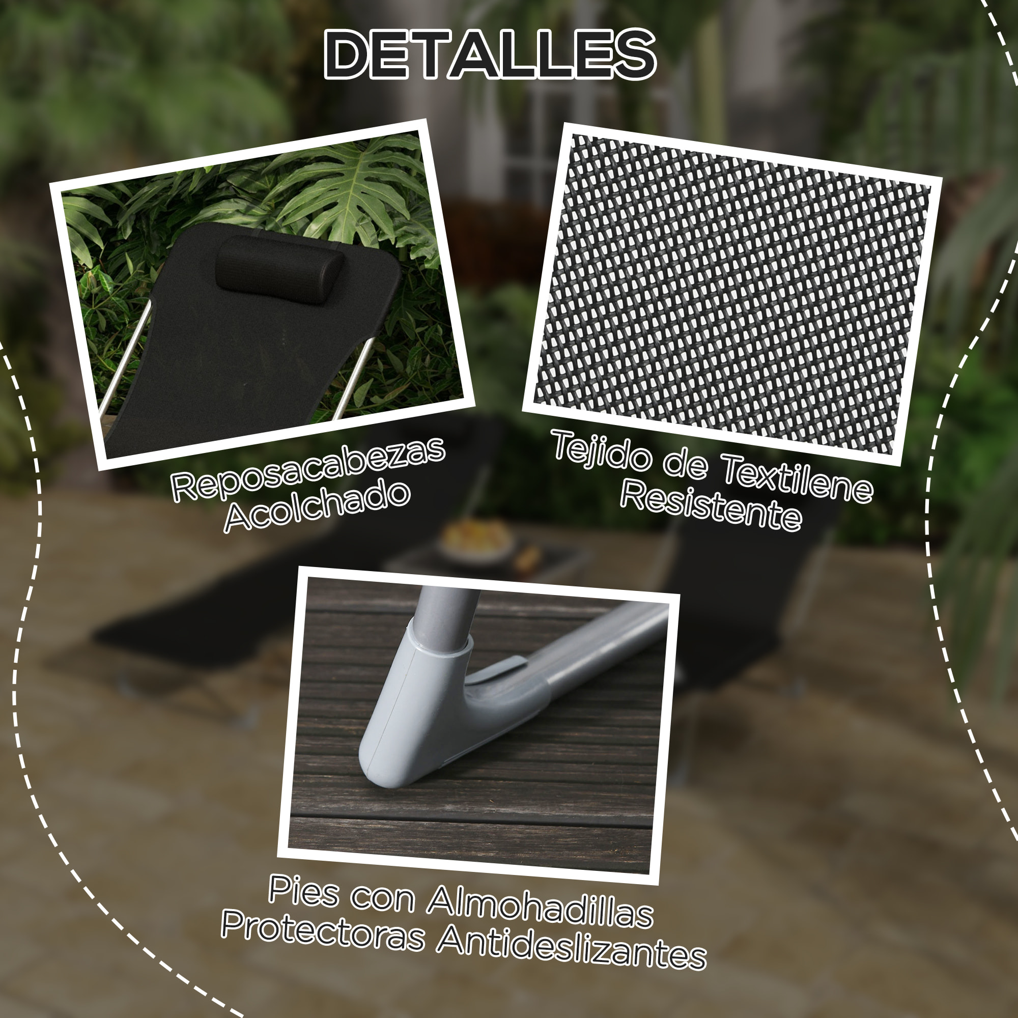Conjunto de 2 Tumbonas Plegables y Reclinables de Jardín con Reposacabezas y Respaldo Ajustable en 5 Niveles Carga 120 kg para Playa Terraza 182x56x24,5 cm Negro