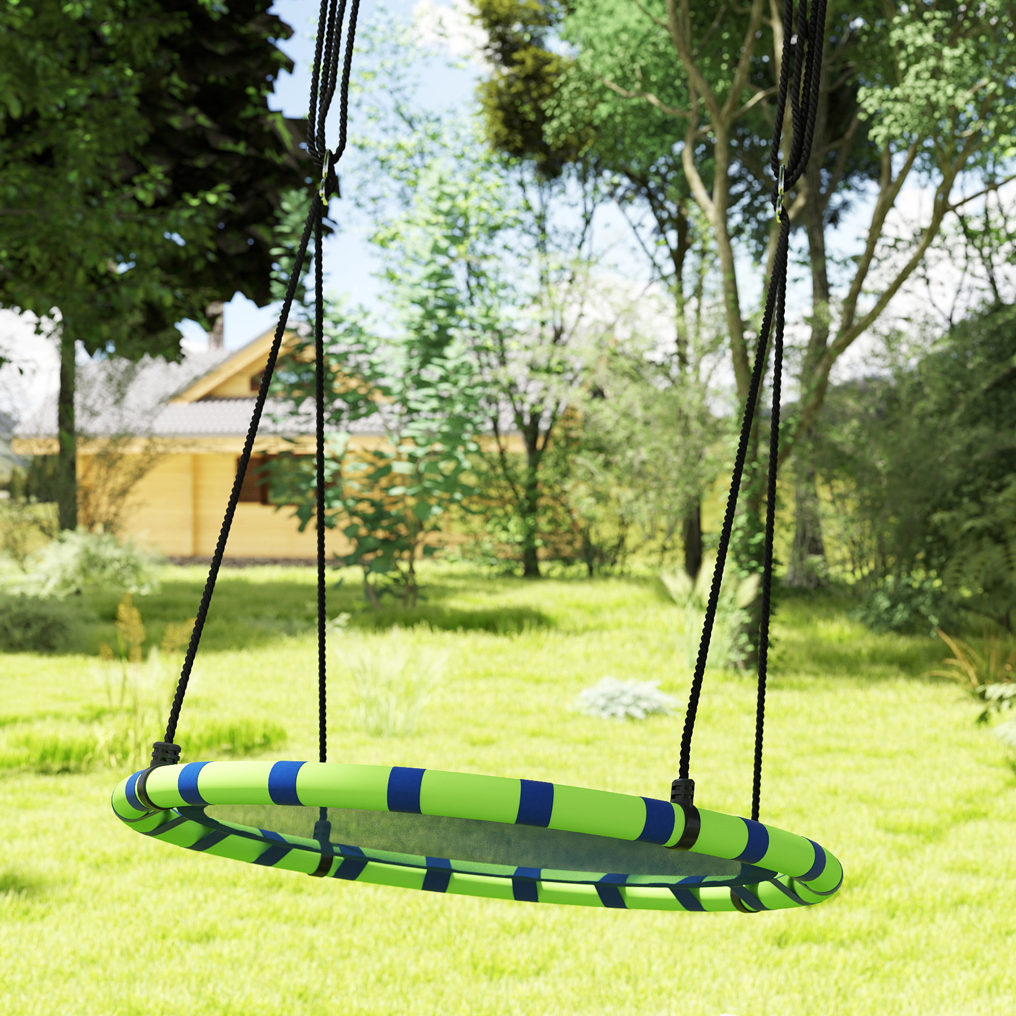 Columpio para Niños Redondo Columpio Jardín Exterior Ajustable Columpio Infantil Impermeable Carga 150 kg Ø100x180 cm Azul y Verde