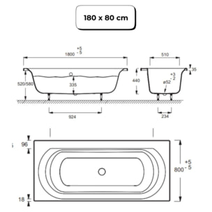 Pack baignoire droite 180 x 80 Elise + mitigeur bain douche noir mat + pare bain noir mat + vidage